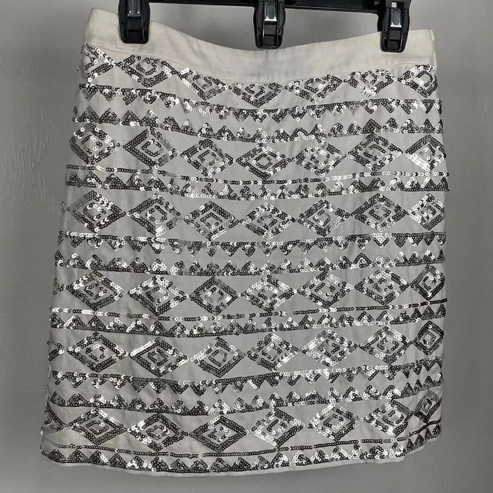 Banana Republic Geo Pattern Silver Sequin Beaded Mini Skirt
